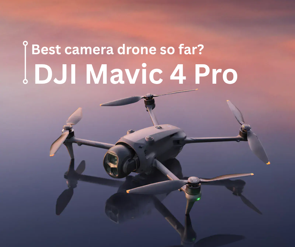 DJI Mavic 4 Pro drone landing on calm reflective water at sunset with caption 'Best camera drone so far? DJI Mavic 4 Pro