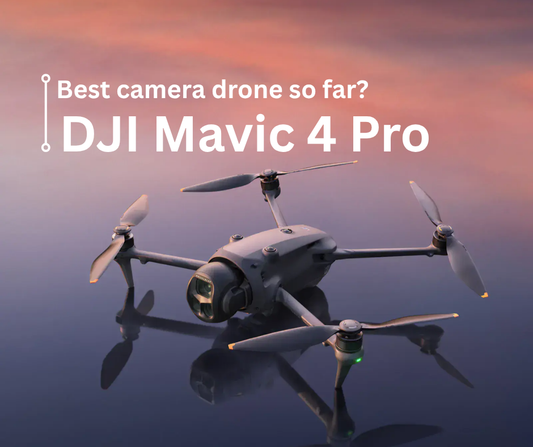 DJI Mavic 4 Pro drone landing on calm reflective water at sunset with caption 'Best camera drone so far? DJI Mavic 4 Pro